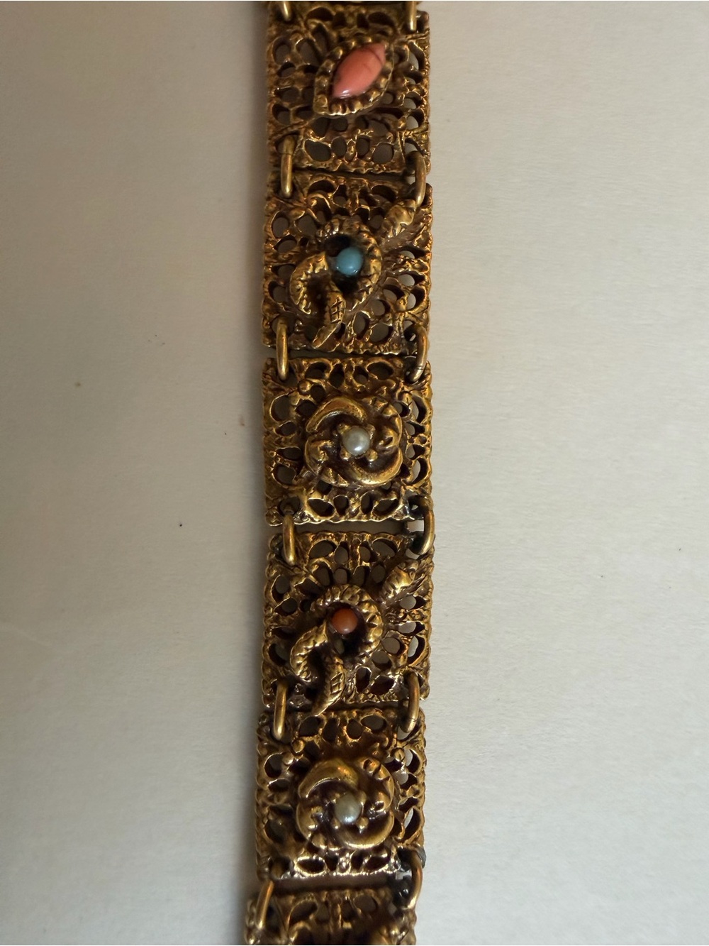 Vtg Signed Goldette Filigree Bracelet w/ Snakes & Coral, Pearl & Turquoise Stone